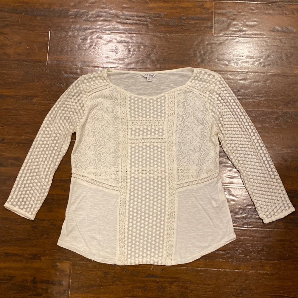 Lucky Brand White Lace Quarter Sleeve Top Size Medium